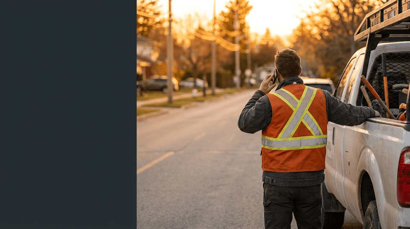 A confident home-service operator standing beside a work truck at golden hour
