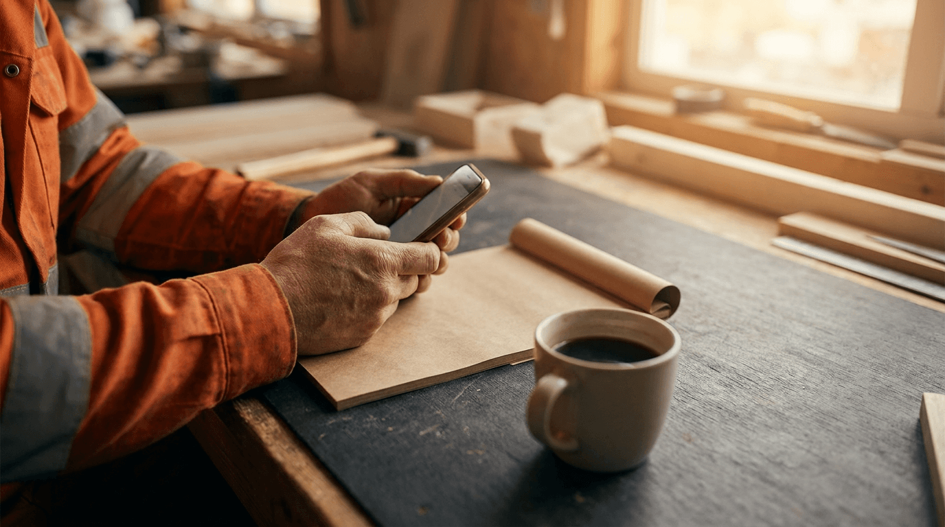 A trade owner working out their numbers on a notepad and phone at golden hour