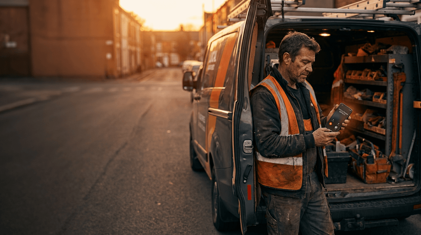 A tradesperson at the back of a work van checking a call