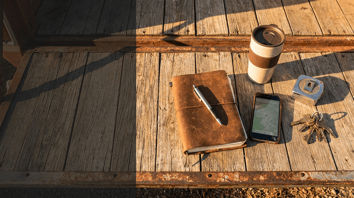 A notebook, phone, and coffee on a truck tailgate