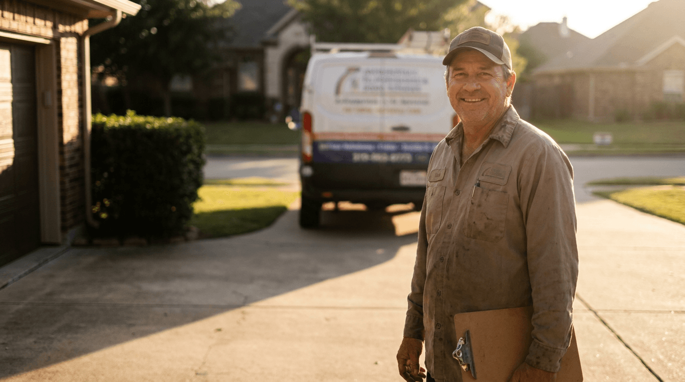 A friendly tradesperson at the end of a service call in a suburban driveway