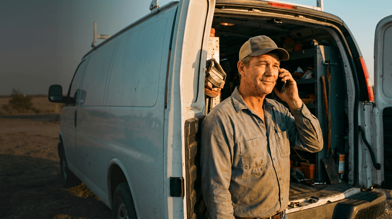 A tradesperson taking a call at the back of his work van