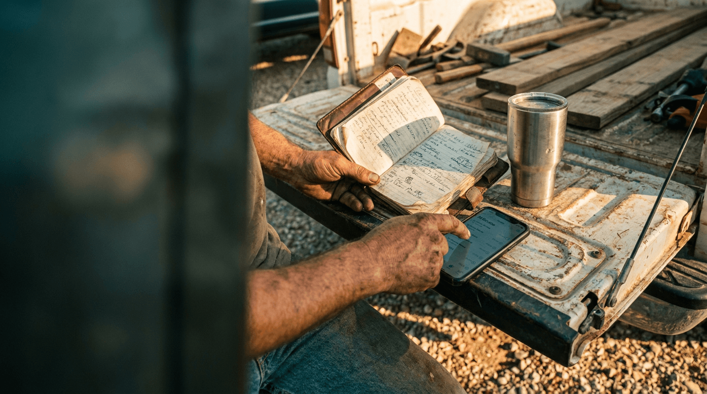 A tradesperson reviewing a call log and notebook on a truck tailgate