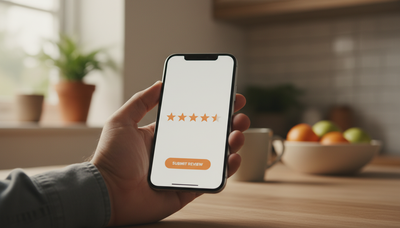Homeowner leaving a five-star review on a phone after an electrician completed a same-day job booked through an after-hours answering service