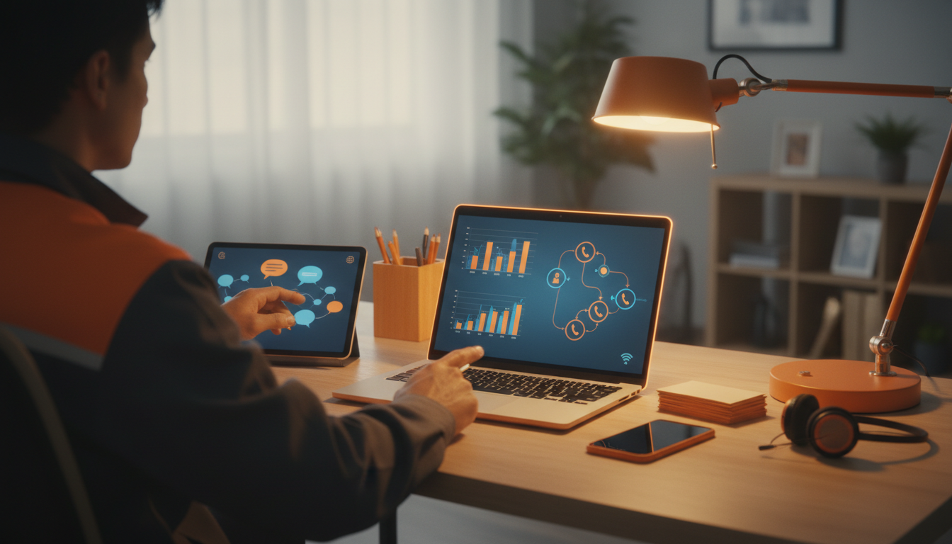 A contractor sitting at a desk reviewing a call analytics dashboard on a laptop, depicted as a clean diagrammatic scene