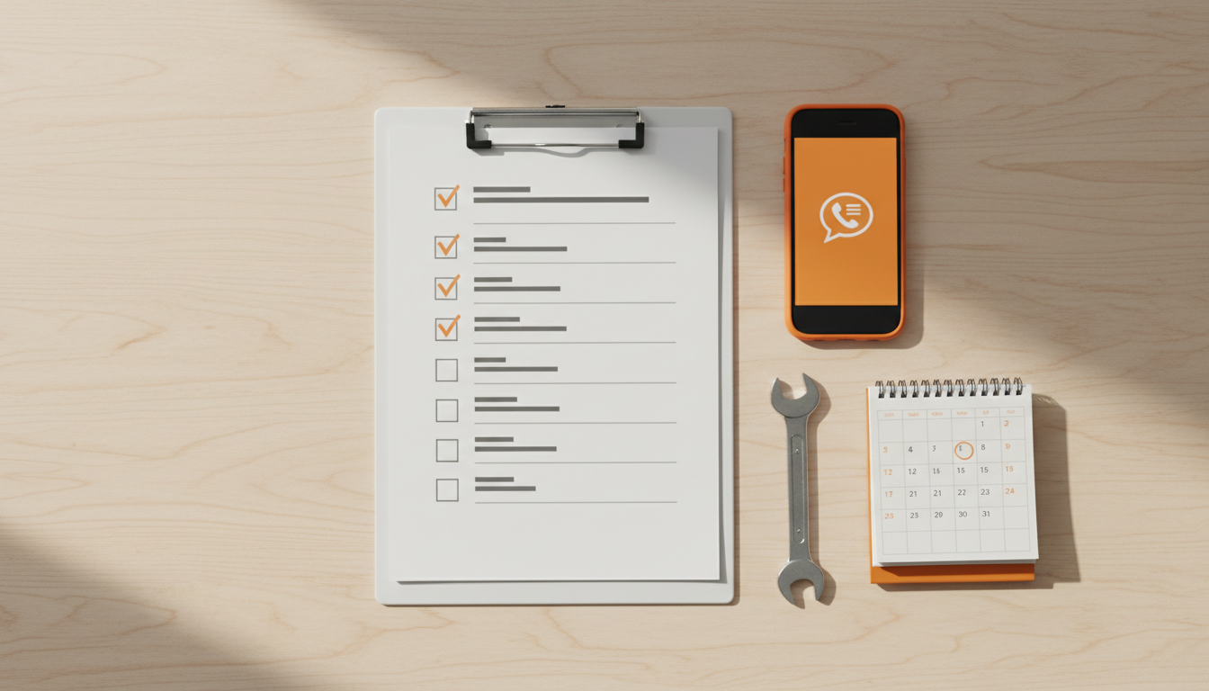 A clean flat-lay of a clipboard checklist next to a smartphone and a wrench, representing service business onboarding preparation
