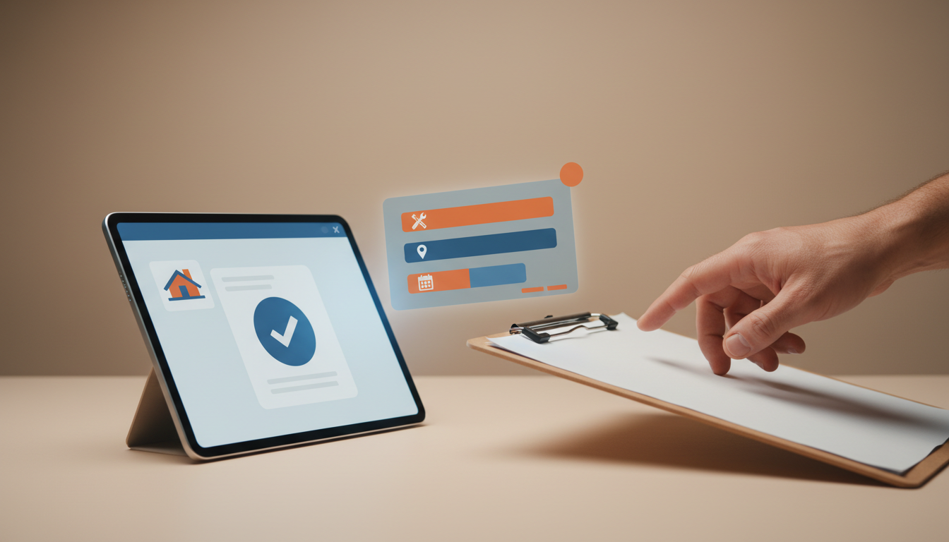 Illustration of a qualified roofing lead card being passed from an AI system to a contractor on a tablet, showing damage type, ownership status, and inspection time slot