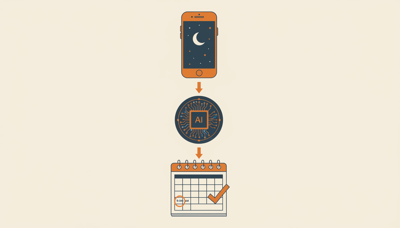 Flowchart showing a customer text arriving at 11pm, passing through an AI agent, and landing as a confirmed morning appointment on a calendar