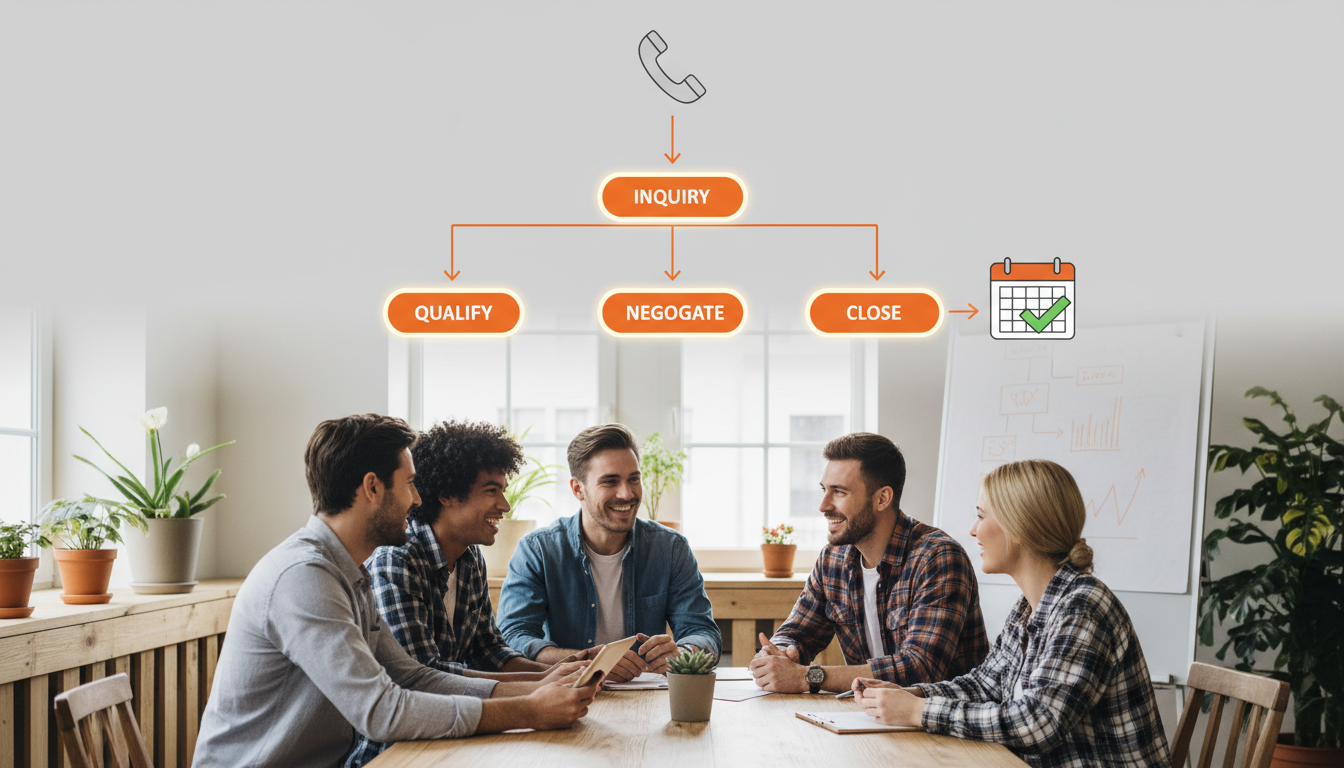 A flowchart diagram showing the step-by-step journey of an inbound call through an AI receptionist system, from ring to calendar booking